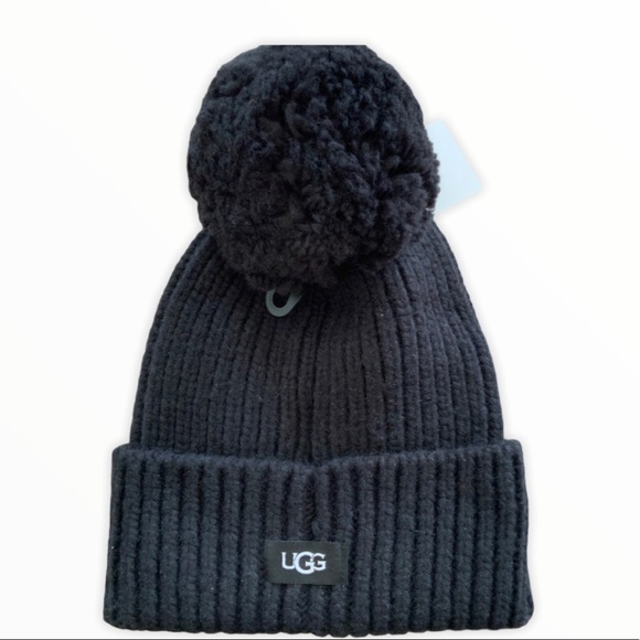 UGG Accessories - UGG Rib Knit Pom Pom Beanie Hat - Black NEW